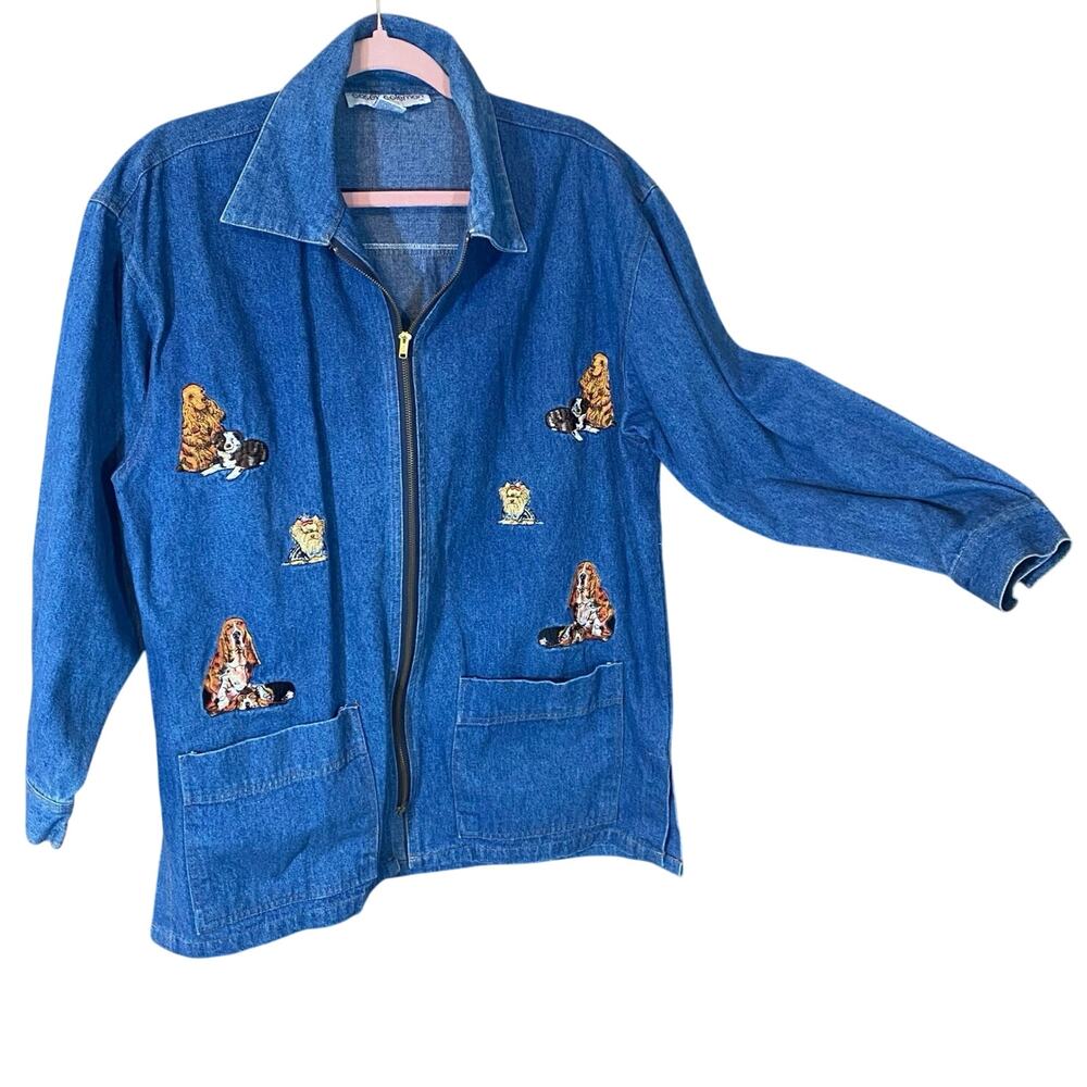 Vintage Casey Coleman Denim Dog Embroidered Jacket Shacket 100% Cotton Zip